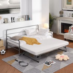 Twin Size Daybed with Adjustable Trundle; Pop Up Trundle; Silver