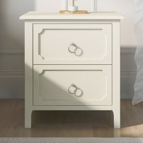 Milky White Rubber Wooden Nightstand Two Drawers Silver Metal Handles for Living Room Guest Room Bedroom